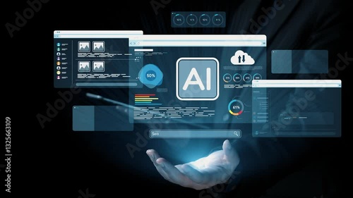 Wallpaper Mural A person holds a glowing holographic display showcasing a futuristic digital interface with artificial intelligence elements and data visualization in a corporate setting. Qubit Torontodigital.ca