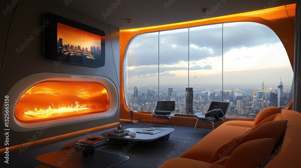 Fototapeta premium A modern orange interior with a city view and fireplace