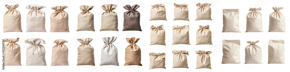 Stack of various sized burlap or jute sacks bags and packages arranged in a rustic natural background  Concept of agricultural storage produce transport inventory management