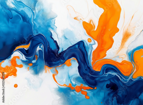Blue and Orange Ink Swirling in Water – Abstract Fluid Art with Vibrant Colors and Dynamic Shapes on a White Background, High-Resolution Photography Capturing Motion and Elegance