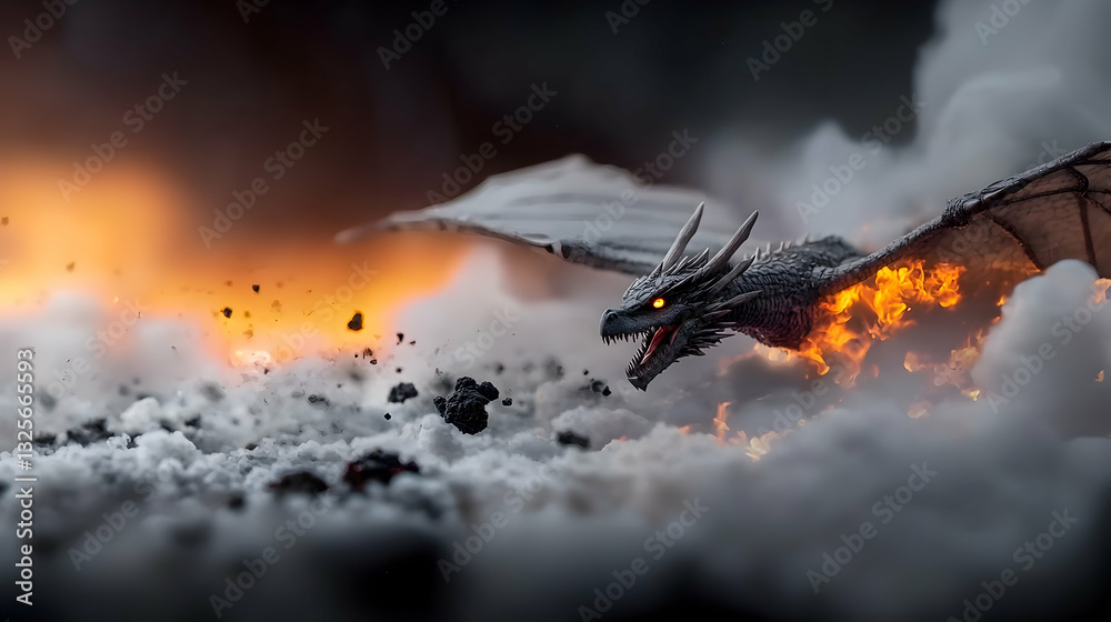 A fearsome dragon flies with fire amidst dark clouds and smoke