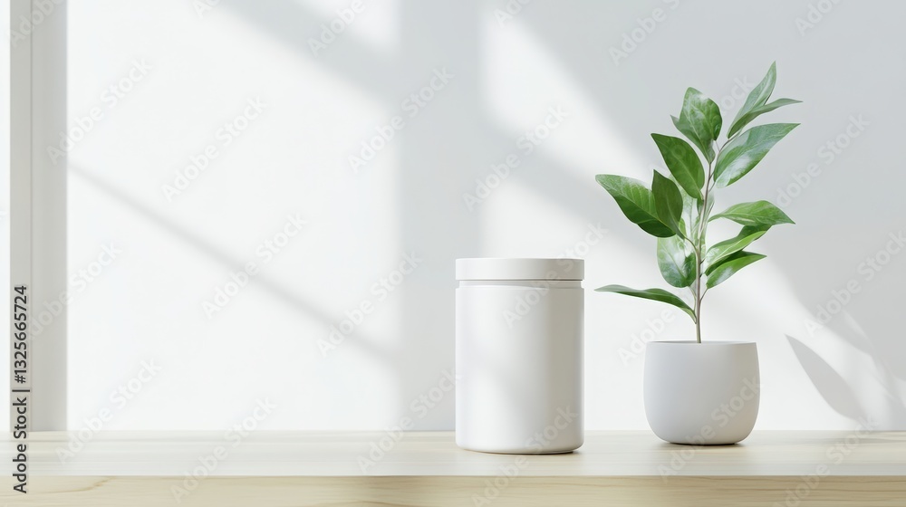 White container and a small potted plant on a wooden surface, bathed in soft sunlight. Minimalist aesthetic. White container and a small potted plant on a wooden surface, bathed in soft sunlight. Minimalist aesthetic.