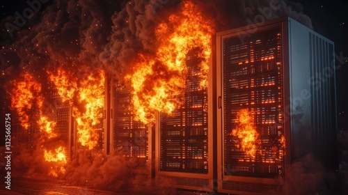 Data center engulfed in flames with smoke billowing