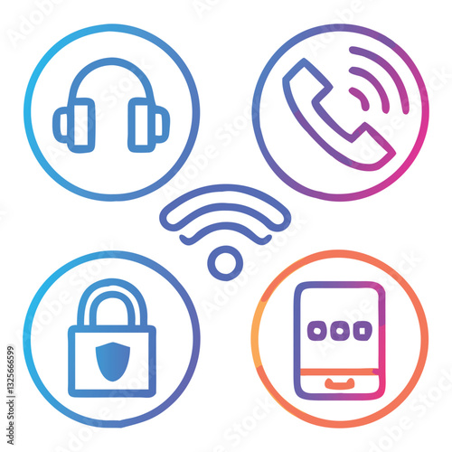 VoIP Call Icon Set with Wi-Fi Calling, Video Call, Headset, Encryption, and Mute Symbols

