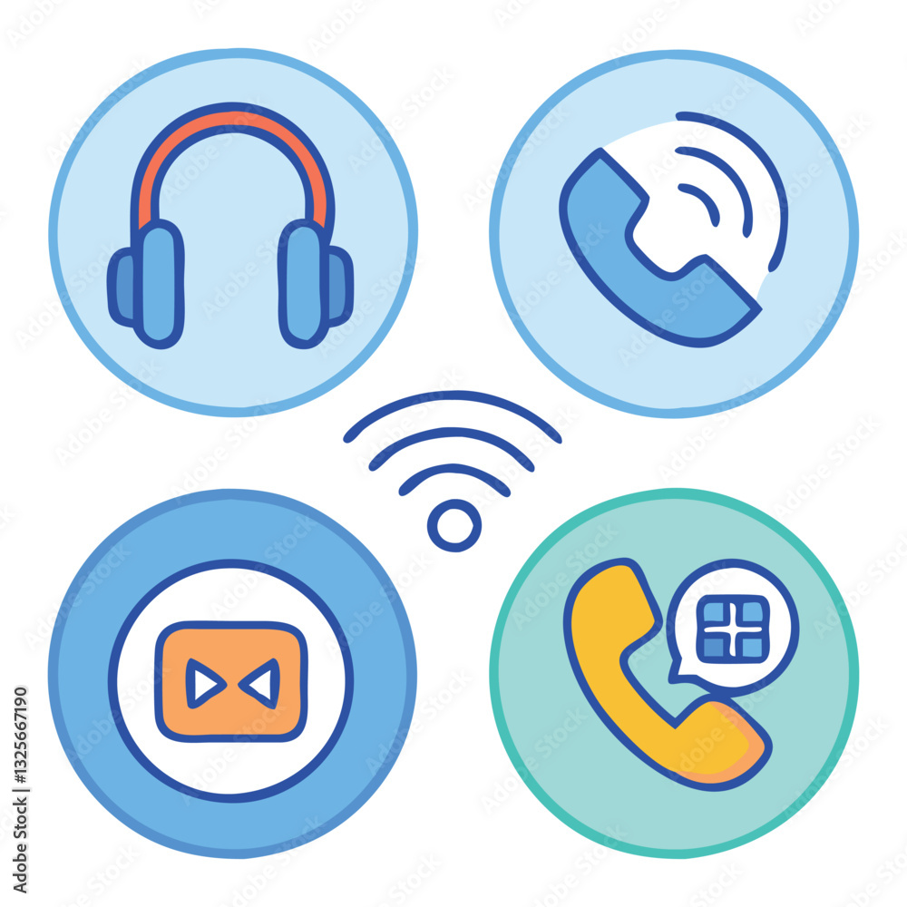 VoIP Call Icon Set with Wi-Fi Calling, Video Call, Headset, Encryption, and Mute Symbols

