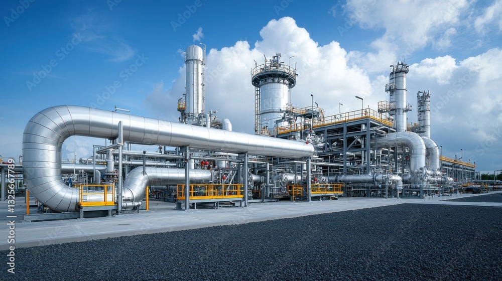 Obraz premium Massive industrial energy plant with complex network of pipelines storage tanks and other industrial equipment against a dramatic cloudy sky in an urban landscape setting