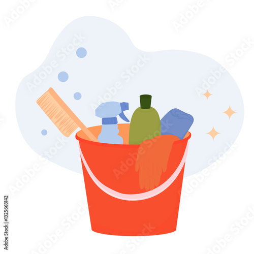 Brushes, bottles with cleaning liquids, sponges, rag and yellow rubber gloves in a plastic bucket. Cleaner for cleaning the room. Vector illustration. Isolated on white background. 