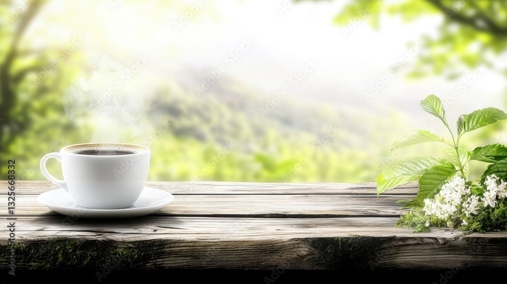 A tranquil scene of a white coffee cup placed on a rustic wooden table surrounded by lush greenery and blooming flowers in a peaceful garden setting The image exudes a sense of calm relaxation A tranquil scene of a white coffee cup placed on a rustic wooden table surrounded by lush greenery and blooming flowers in a peaceful garden setting The image exudes a sense of calm relaxation