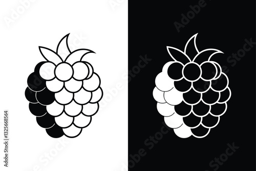 Blackberry with Leaf. Top View Flat Lay on White & Black Background
