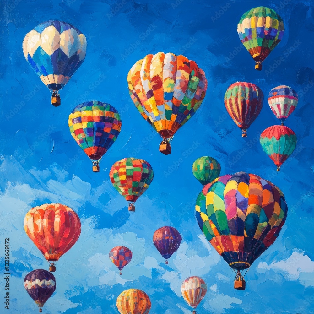 Obraz premium Colorful Hot Air Balloons Floating in a Bright Blue Sky