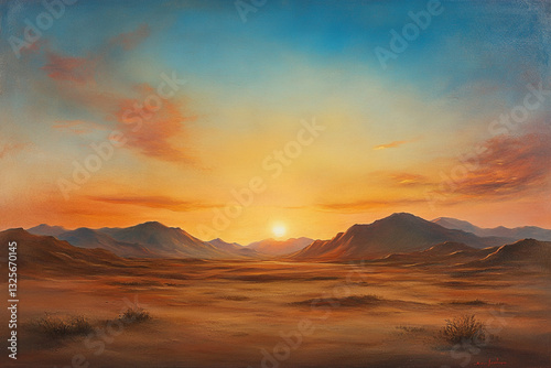 Fototapeta Naklejka Na Ścianę i Meble -  Serene sunset landscape golden hour desert mountains scenic view sky art calm sand brown hills dunes