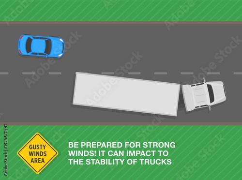 Safe driving tips and traffic regulation rules. Strong wind impacts to the stability of truck. Top view of a traffic flow on gusty winds area. Flat vector illustration template.