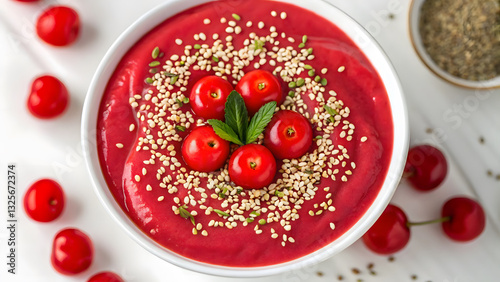plant-based breakfast vibrant smoothie bowl vibrant red smoothie bowl topped with acerola cherries and sesame seeds