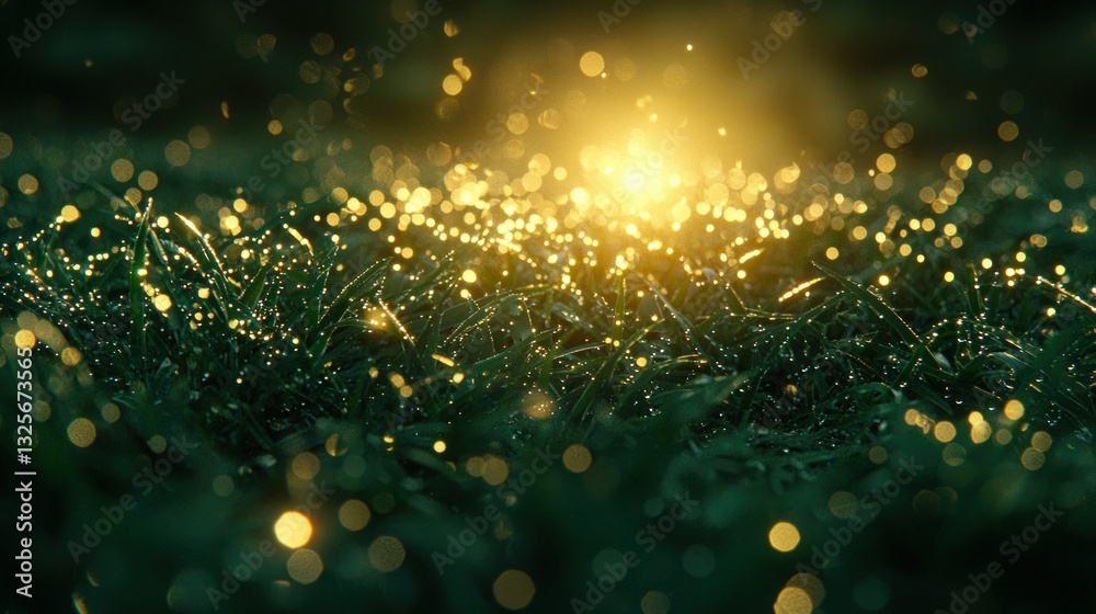 Naklejka premium Dew-covered grass illuminated by soft golden light