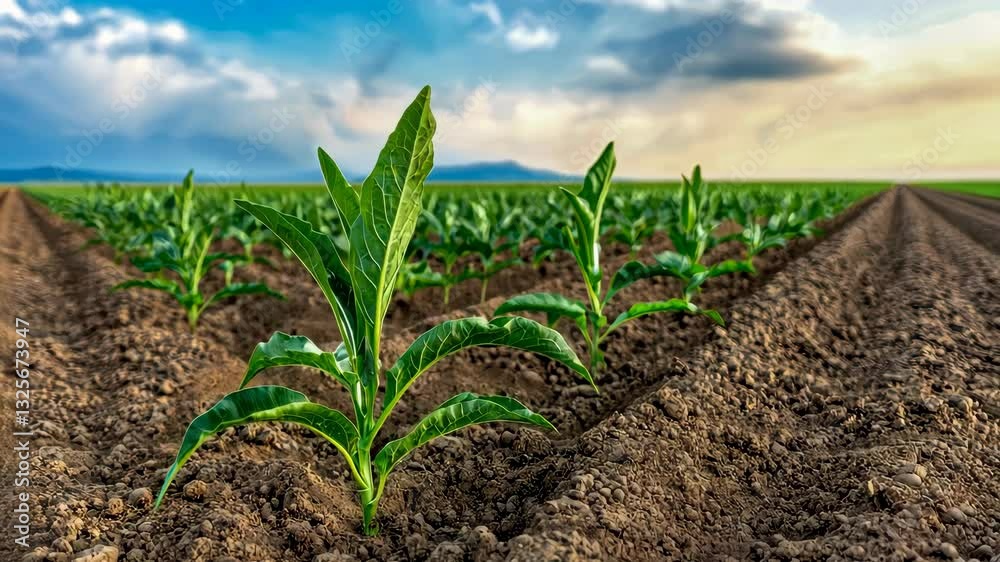 Close-up of healthy green plant sprouting in fertile soil under a bright sky, symbolizing growth and new beginnings. Close-up of healthy green plant sprouting in fertile soil under a bright sky, symbolizing growth and new beginnings.
