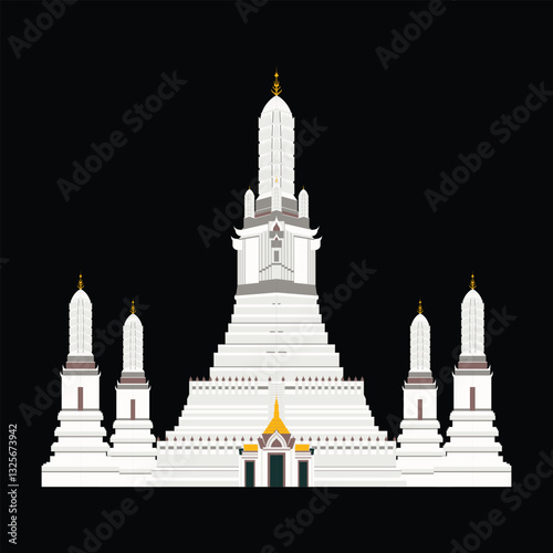 Wat Arun isolated. Wat Arun icon. Wat Arun vector. Famous temple symbol in Bangkok, Thailand. Illustration, landmark, sign, festival, Songkran, tourist, historic, beautiful, flat, architecture, iconic