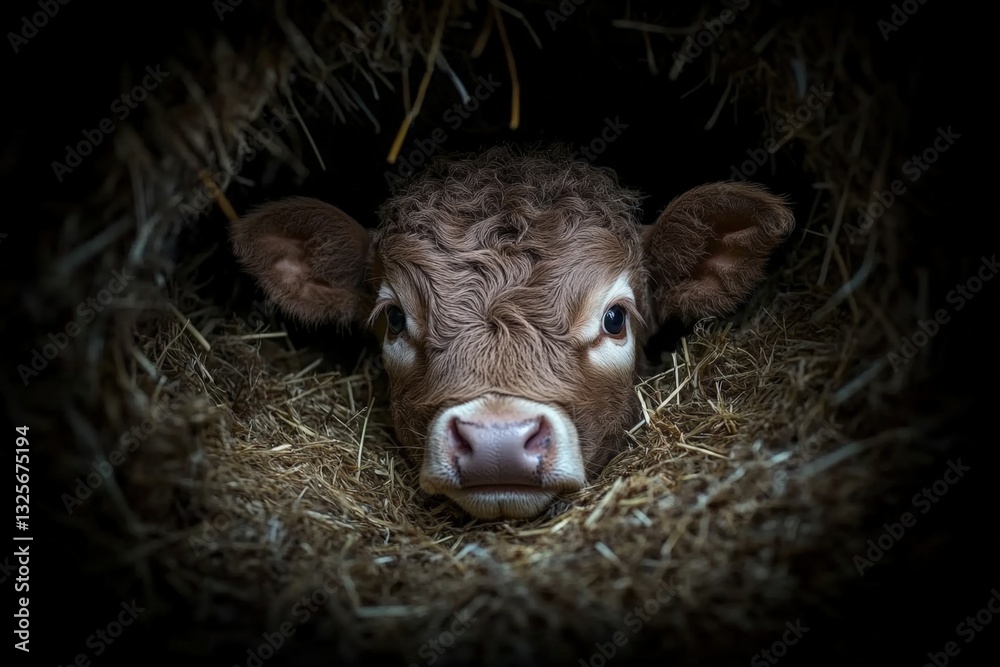 Fototapeta premium A Close-Up of a Young Calf Nestled in Hay, Capturing the Innocence and Natural Beauty of Farm Life in a Cozy Barn Environment.