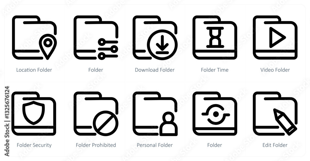 A set of 10 micro icons as location folder, folder, download folder A set of 10 micro icons as location folder, folder, download folder
