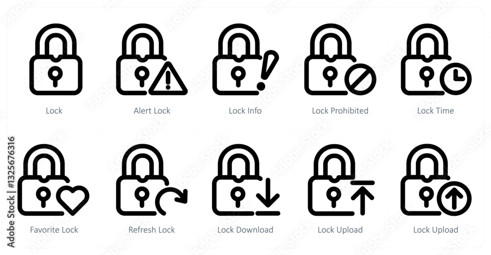 A set of 10 micro icons as lock, alert lock, lock info A set of 10 micro icons as lock, alert lock, lock info