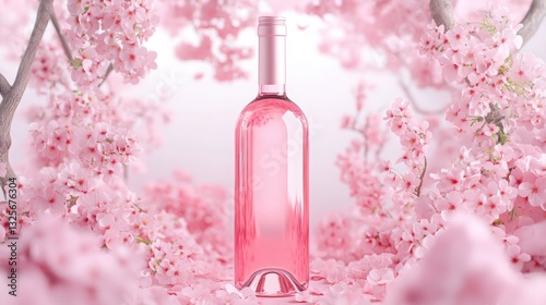 Pink wine bottle amidst a breathtaking bloom of cherry blossoms. Delicate petals and soft pink hues create a serene and elegant scene.