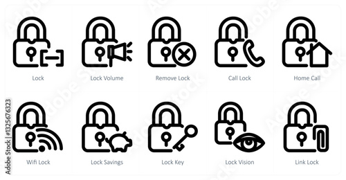 A set of 10 micro icons as lock, lock volume, remove lock