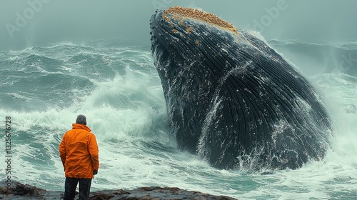 Man watches huge whale breaching in stormy sea.