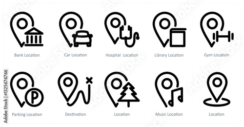 A set of 10 micro icons as bank location, car location, hospital location