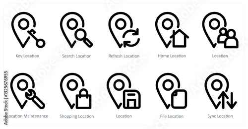 A set of 10 micro icons as key location, search location, refresh location