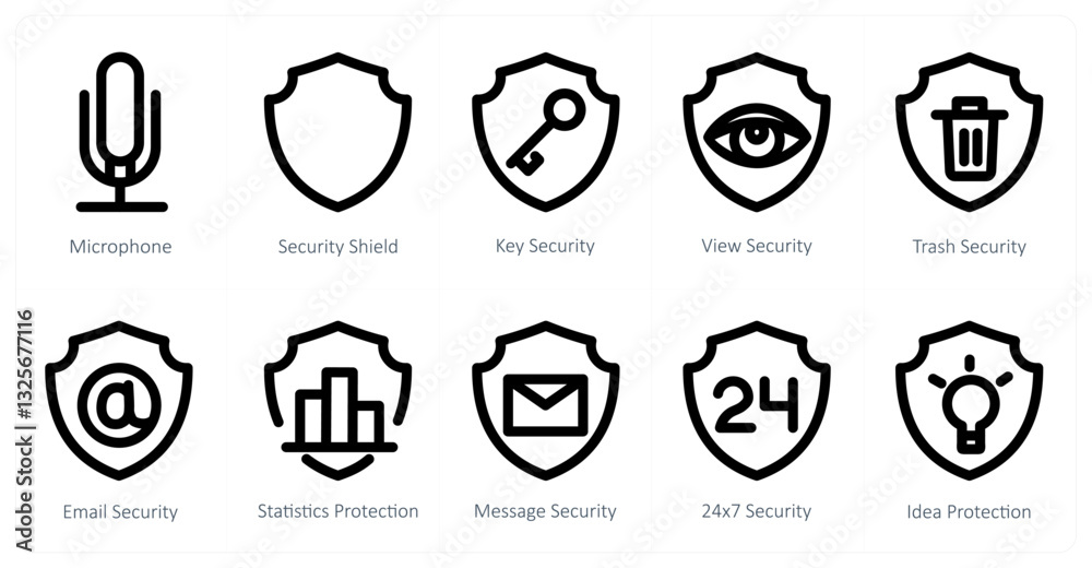 A set of 10 micro icons as microphone, security shield, key security A set of 10 micro icons as microphone, security shield, key security