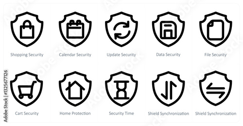 A set of 10 micro icons as shopping security, calendar security, update security