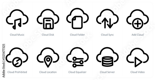 A set of 10 micro icons as cloud music, cloud disk, cloud folde
