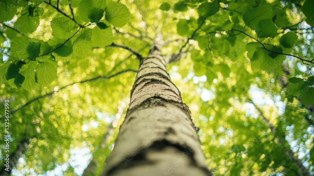 Fototapeta premium Majestic view of a towering birch tree with vibrant green leaves in a lush forest, looking up towards a sunlit canopy in a calm and serene nature landscape