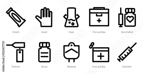 A set of 10 micro icons as cream, hand, flask