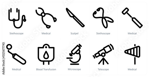 A set of 10 micro icons as stethoscope,  medical, scalpel