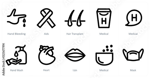 A set of 10 micro icons as hand bleeding, aids, hair transplant