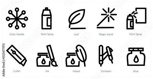A set of 10 micro icons as color palette, paint spray, leaf