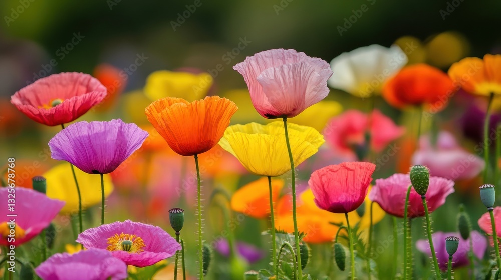 Colorful Blooming Poppies in a Vibrant Garden Setting Under Soft Natural Light During Spring Season Colorful Blooming Poppies in a Vibrant Garden Setting Under Soft Natural Light During Spring Season