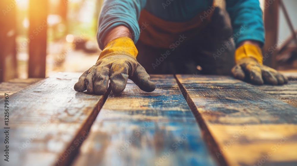 Craftsman Working with Wooden Planks in a Sunlit Workshop Setting Craftsman Working with Wooden Planks in a Sunlit Workshop Setting