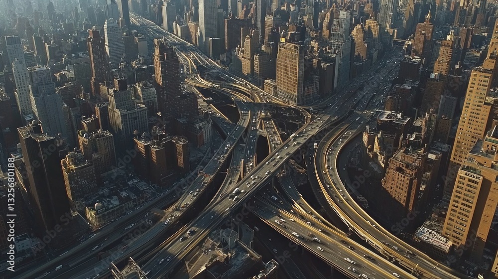 Obraz premium Aerial View of Urban Highway Traffic in Busy City Landscape