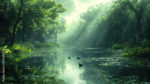 Serene morning mist over tranquil forest river with ducks.