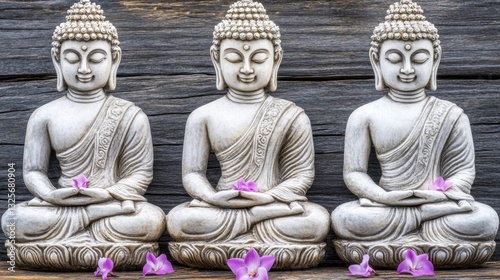 Three Serene White Buddha Statues Meditating on Weathered Wood Background