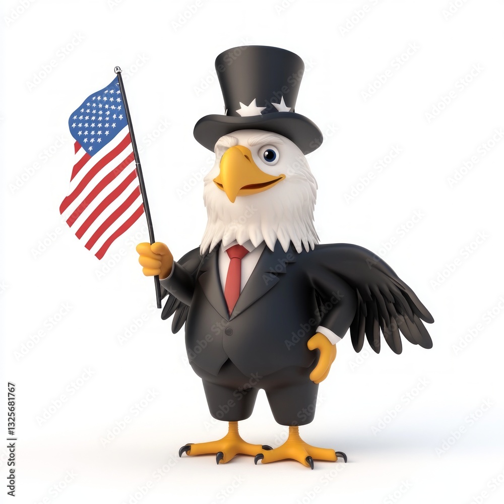 Obraz premium Cartoon Eagle Character in a Suit Holding American Flag