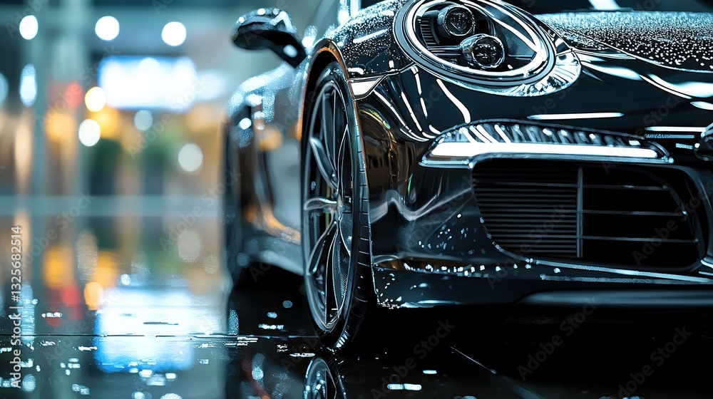 Fototapeta premium A shiny black luxury sports car reflecting in a wet surface