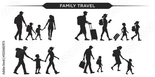 Vector illustration of silhouettes depicting a family traveling together