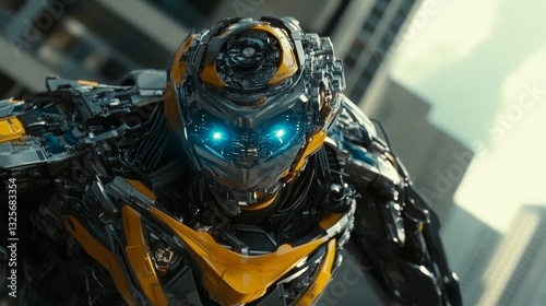 Robotic Transformer in close-up against cityscape background