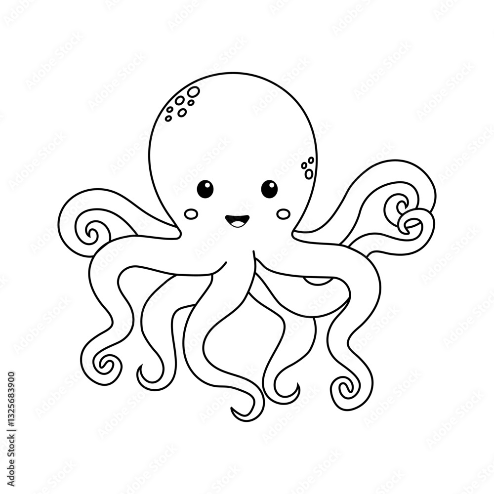Cute cartoon octopus with smiling face and playful tentacles in simple black line art style for coloring activity in doodle style Cute cartoon octopus with smiling face and playful tentacles in simple black line art style for coloring activity in doodle style
