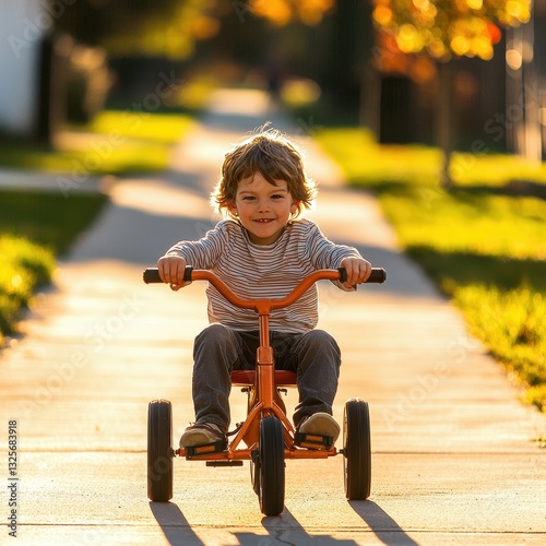 Small boy riding a tricycle down a sunny sidewalk with joyful energy and focus on a bright day in the neighborhood