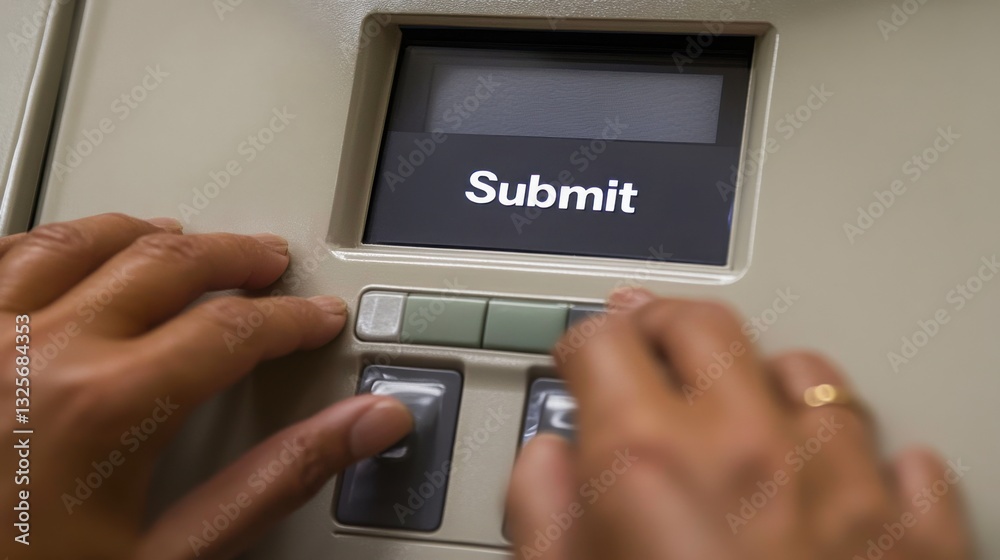 Close-Up of Hands Pressing Submit Button on Digital Device Screen Close-Up of Hands Pressing Submit Button on Digital Device Screen