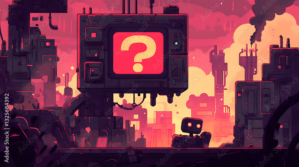 Pixelated Robot Facing a Question Mark Displayed on a Screen Illuminated Against the Red Cityscape Backdrop Pixelated Robot Facing a Question Mark Displayed on a Screen Illuminated Against the Red Cityscape Backdrop