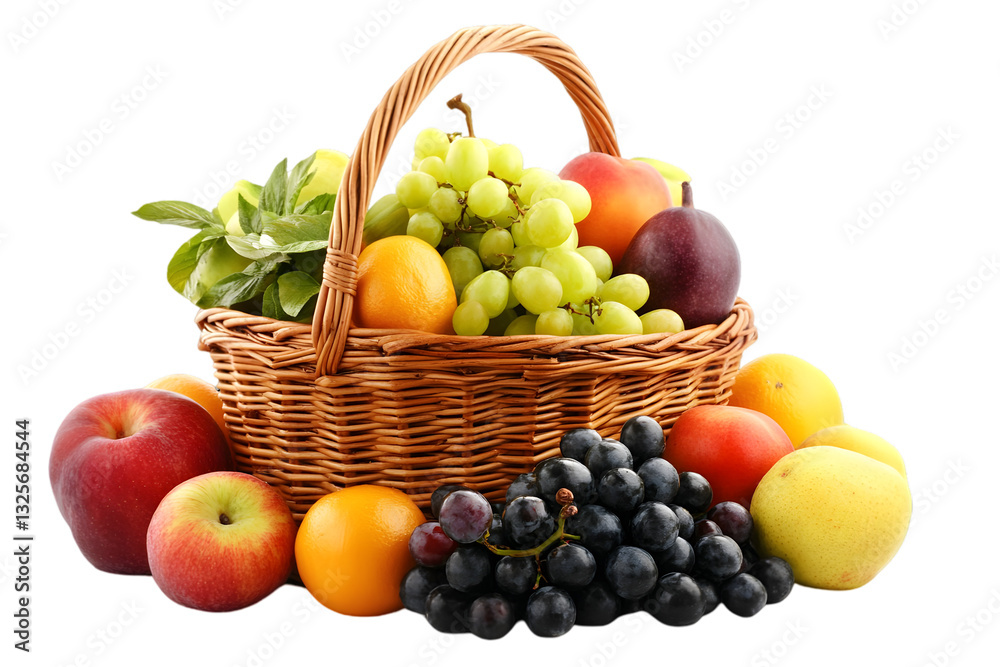 Abundance of Fresh Fruits in Woven Basket Featuring Grapes Apples and Peaches on a Transparent Background Displaying Natural and Healthy Food Still Life Abundance of Fresh Fruits in Woven Basket Featuring Grapes Apples and Peaches on a Transparent Background Displaying Natural and Healthy Food Still Life